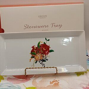 Grove Stoneware TRAY POMOGRANATE Floral 10x5" Sink WHITE Side Dish Tray Pink